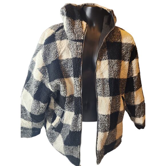 Buffalo Check Sherpa Fleece Jacket Large Black White Plaid Zip Hooded Coat Cozy - Picture 10 of 14